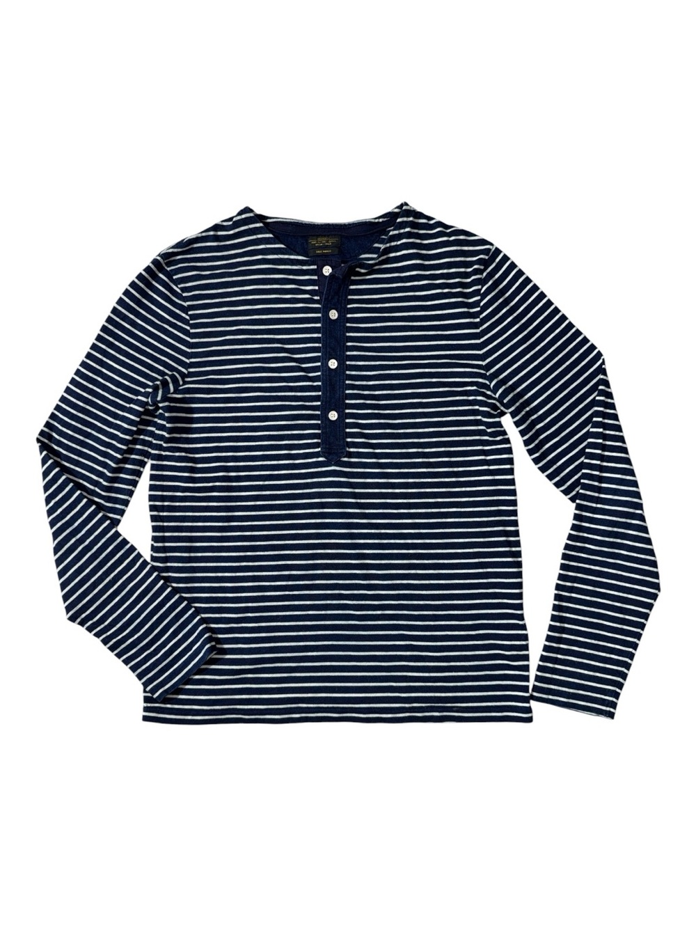 All Saints mens S Small true indigo blue stripe long sleeve Henley shirt EUC